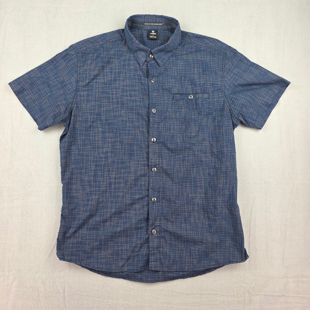 KUHL Krossfire Button Down Shirt Mens Large Blue Grid Pattern Short Sleeve 7563